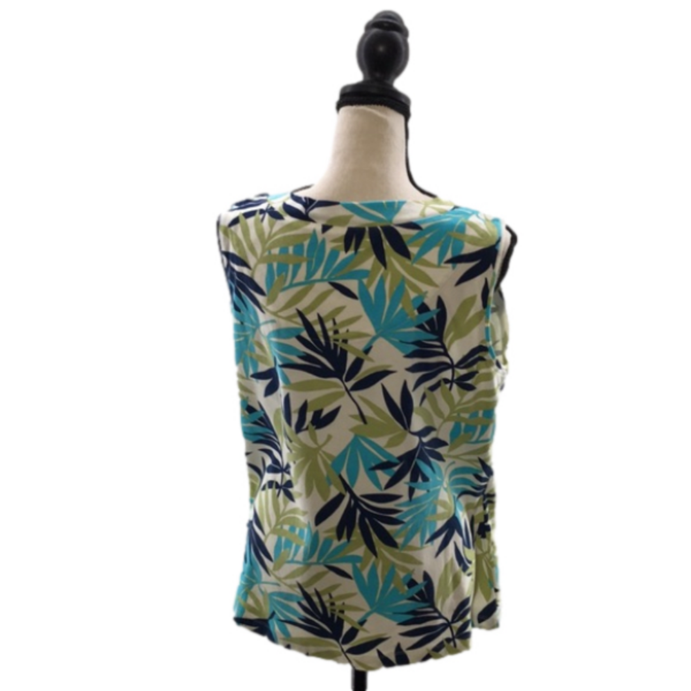 WHITE STAG Navy Blue/Turquoise/Green Leafy Print/White Sleeveless V-Neck—L 12/14 - Picture 2 of 8